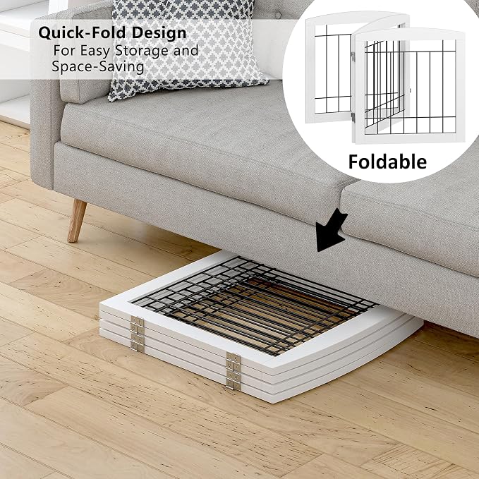 PAWLAND Free Standing Dog Gates for The House Stairs Doorways Indoor Foldable Wooden Small White Puppy Pet Gate Step Over Fence 60" W 24" H 3 Panels