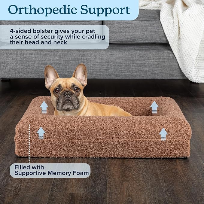 Orthopedic Dog Bed - 26in Small Dog Bed with Supportive Bolster, Nonslip Bottom, and Removable Washable Cover - Memory Foam Puppy Bed for Small Dogs and Cats - Dog Products by PETMAKER (Brown)