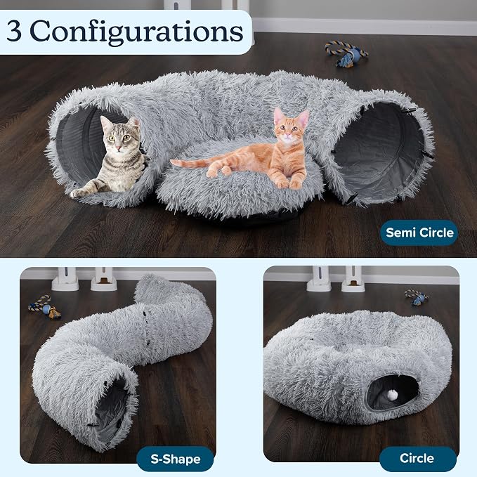 Cat Tunnel with Bed for Indoor Cats - 3FT Multifunctional Cat Tunnel Bed with Toys - Soft, Plush Peekaboo Cat Cave for Kittens, Cats, Ferrets, and Rabbits - Cat Products by PETMAKER (Gray)