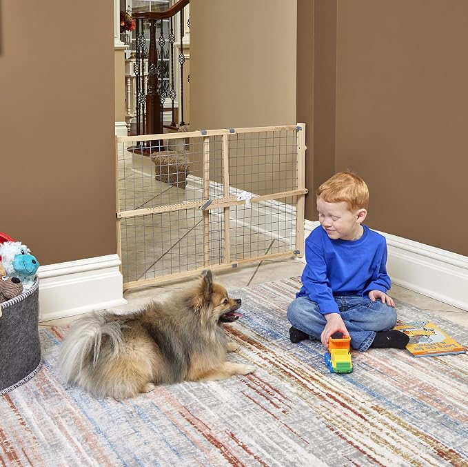 New World Wire Mesh Pet Safety Gate, Dog Gate Expands to 41.5 Inches Wide, 24 Inches Tall, No Damage to Walls, Natural Wood and Powder Coated Wire
