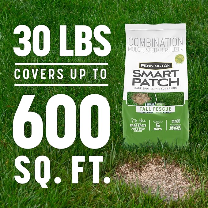 Pennington Smart Patch Tall Fescue Grass Seed, 30 Lb, Bare Spot Repair with Mulch and Fertilizer