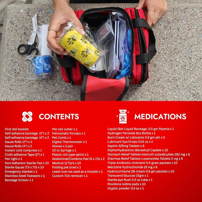 Cat & Dog First Aid Kit - Dog Emergency Kit, Health Supplies & Wound Care -with Thermometer, Bandages for Wounds - Essentials, Travel Bag (Medium)