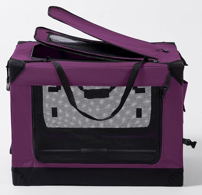 EliteField 4-Door Folding Soft Dog Crate (2-Year Warranty) with Aluminum Frame, Top Curtain, Carrying Bag, and Fleece Bed, Indoor & Outdoor Pet Home (30" L x 21" W x 22" H, Purple)