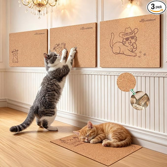 Natural Cork Cat Scratcher Art 3pcs-Cat Scratching-Cat Scratch Mats-Art Scratching Pad for Cats-Wall Cat Scratcher for Indoor Cats-Cat Wall Furniture-Cat Scratching Board for Lying