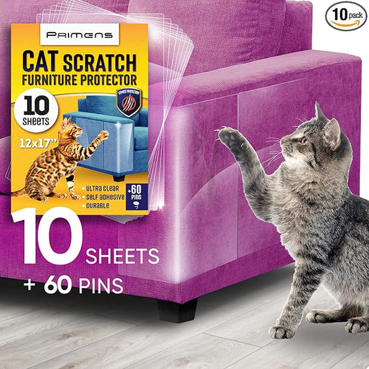Heavy Duty Cat Scratch Deterrent Furniture Protectors for Sofa, Doors, Clear Couch Protectors from Cats Scratching, Anti Cat Scratch Tape Guards (Transparent, 10 Sheets 17x12)