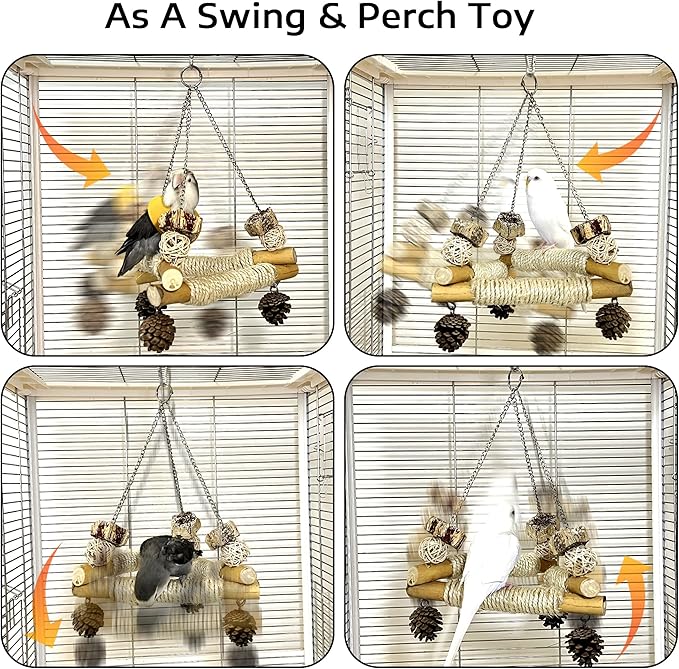 2pc Spinner Toys and 3-Sisal Perch Swing Set – Interactive Wooden Chew Toys with Bells and Balance Training for Parakeets Cockatiels Conures Lovebirds Quaker