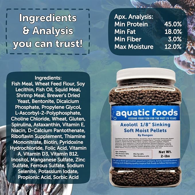 Axolotl Food 1/8" Soft Moist Sinking Salmon Pellets for Juvenile Axolotl Also Shrimp, Snails, Crabs, Crayfish, Bottom Tropical Fish..11oz Small Jar