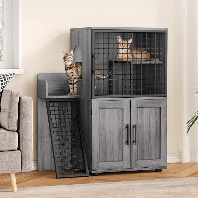 Cat Litter Box Enclosure Furniture with Double Layer Design, Hidden Litter Box & Lounge Villa for Indoor Cats - Includes Ladder, Platform, and Washroom Space for Living Room, Wax Wood