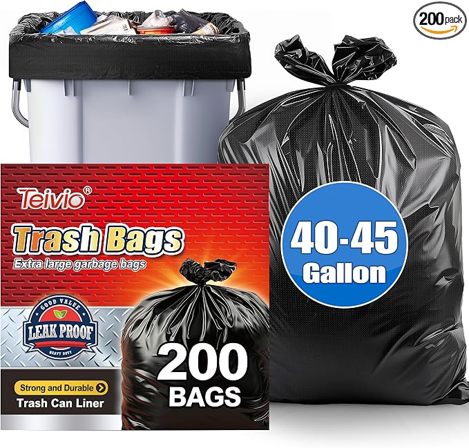 Teivio Black Large Trash Bags 40-45 Gallon 200 Count | Large Multipurpose | Fit 35,39,40,42,44,45 gallon Garbage Bin Liner | Kitchen | Lawn And Leaf Bags Outdoor Yard Waste Bag | Workshops Trash
