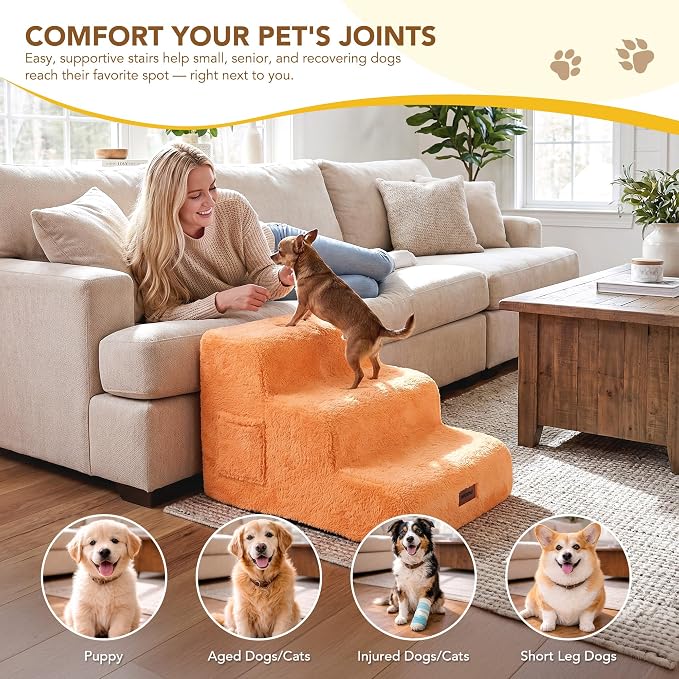 PETNOVO Ultra-Soft Faux Fur Dog Stairs for Bed and Couch, 3-Step Dog Steps for Small Dogs, Non-Slip Foam Pet Stairs, Washable Cover, 15.7" D x 22.4" W x 15.7" H, Orange