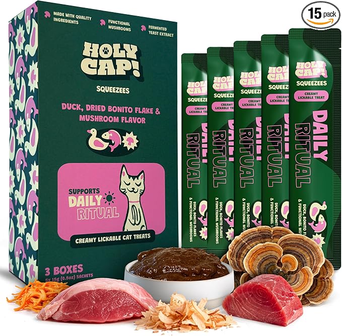 Daily Ritual Grain-Free Lickable Cat Treats 15 Squeezable Purée Tubes (0.5 oz Each), Duck & Tuna Flavor, Creamy Cat Purée with Clean Ingredients, Hand-Fed Treat or Meal Topper