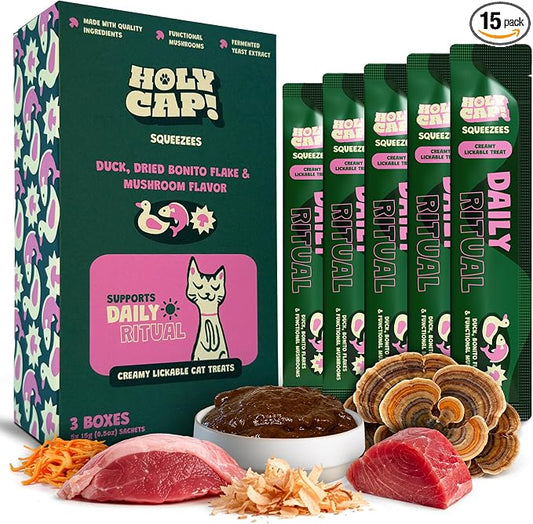 Daily Ritual Grain-Free Lickable Cat Treats 15 Squeezable Purée Tubes (0.5 oz Each), Duck & Tuna Flavor, Creamy Cat Purée with Clean Ingredients, Hand-Fed Treat or Meal Topper