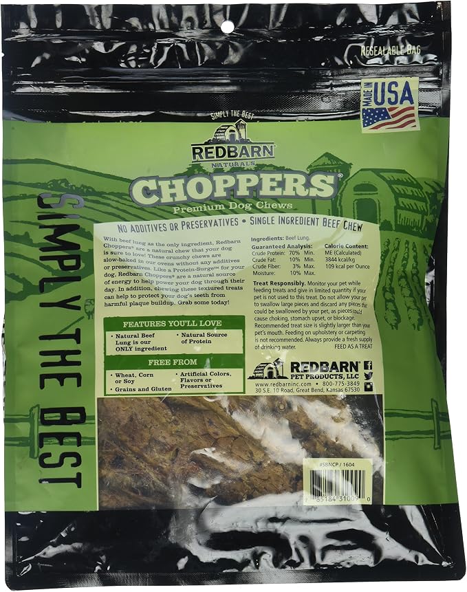 Redbarn Pet Products Natural Choppers Beef Lung Chew Treats for Dogs - Premium Made in USA Rawhide-Free Single Ingredient High Protein Low Fat - 9 oz Bag (Pack of 2)