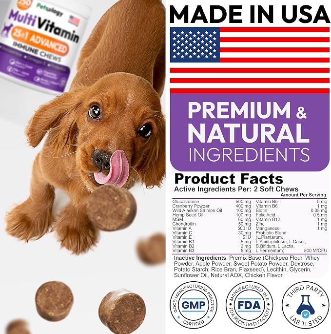 25-in-1 Dog Vitamins and Supplements - 250 Chews Dog Multivitamin Chewable with Glucosamine, Probiotics Omega 3 for Dogs Skin & Coat Hip & Joint Gut Brain Immune Support - Senior & Puppy Multivitamin