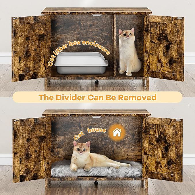 Shintenchi Cat Litter Box Enclosure, Litter Box Furniture Cabinet Hidden with Removable Divider, Wooden Cat House with End Table, Brown, 31.5 inch
