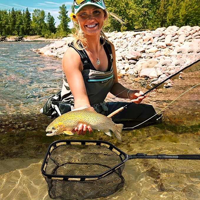 PLUSINNO Floating Fishing Net for Steelhead, Salmon, Fly, Kayak, Catfish, Bass, Trout Fishing, Rubber Coated Foldable Landing Net with Fixed or Telescoping Pole Handle, Fishing Gear and Gifts for Men