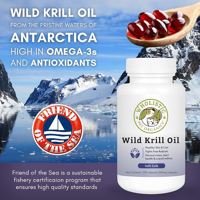 Wholistic Pet Organics Krill Oil for Dogs and Cats - Premium Antioxidant Support for Pets - Cat and Dog Skin and Coat Supplement with EPA, DHA, Astaxanthin - Omega 3 for Dogs and Cats - 200 Soft Gels