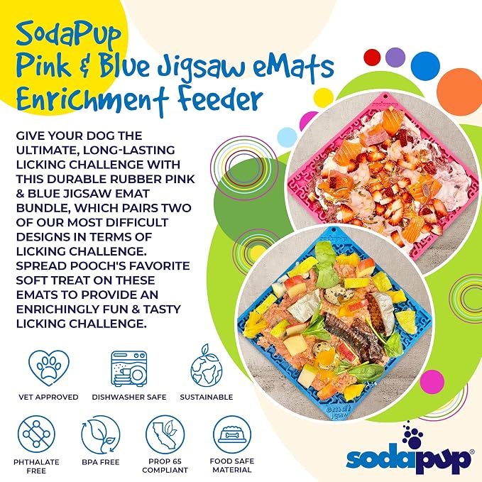SodaPup Pink & Blue Jigsaw eMat Bundle – Durable Lick Mat Feeder Made in USA from Non-Toxic, Pet-Safe, Food Safe Rubber for Avoiding Overfeeding, Digestive Health, Calming, More