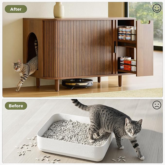 IRONCK Cat Litter Box Enclosure with Sliding Tambour Door – Wooden Hidden Cat House Furniture with 2-Layer Drawer, Side End Table for Living Room, Brown