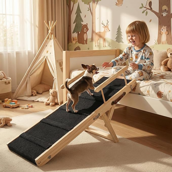 Wooden Dog Ramp for Bed and Couch, 4 Adjustable Heights Folding Pet Ramp with High Traction Fabric Surface, Portable Solid Pine Wood Dog Steps for Couch, Max 35KG (Medium)