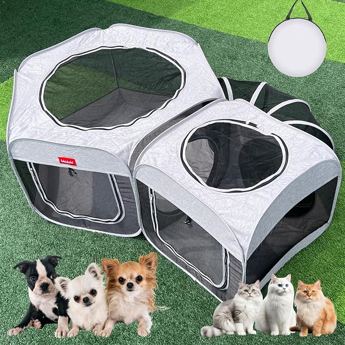 Portable Dog Playpen 2-Room with Tunnel, 3-in-1 Large Cat Crate Play Enclosure with Separate Areas, Foldable Pet Playpen for Puppy Kitten and Small Animals Indoor Outdoor