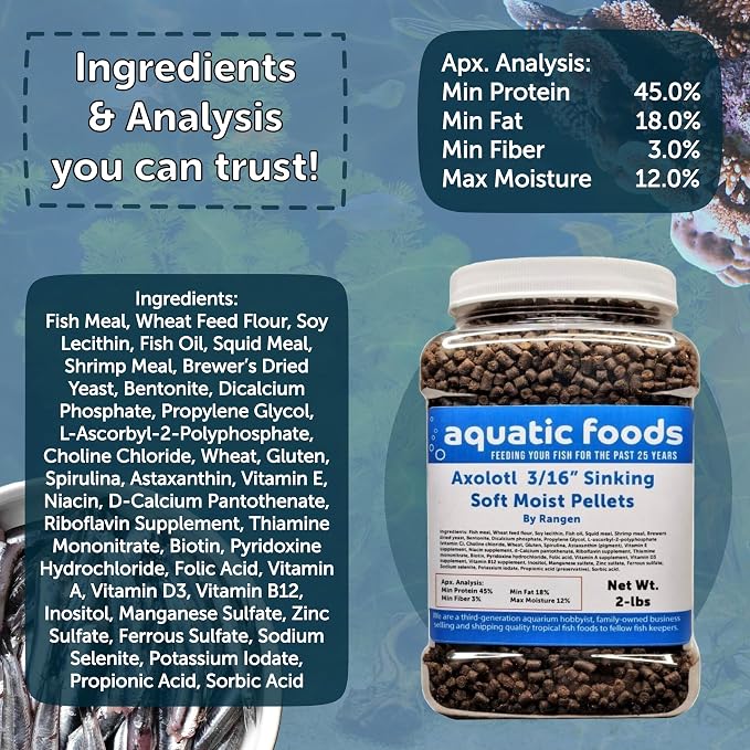 3/16" Soft Moist Sinking Salmon Pellets for Adult Axolotls, Shrimp, Snails, Crabs, Small Amphibians, Bottom Tropical Fish...2-lb Med Jar