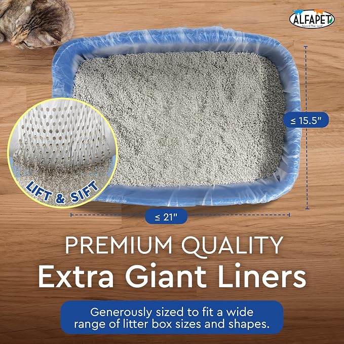 Cat Litter Box Sifting Liners Alfapet - Extra Giant 60 Count - Tear-Resistant Cat Litter Bags - Waterproof Kitty Litter Liners - Fits Almost All Litterbox Pan Sizes, 40" x 38", 30 lb Capacity