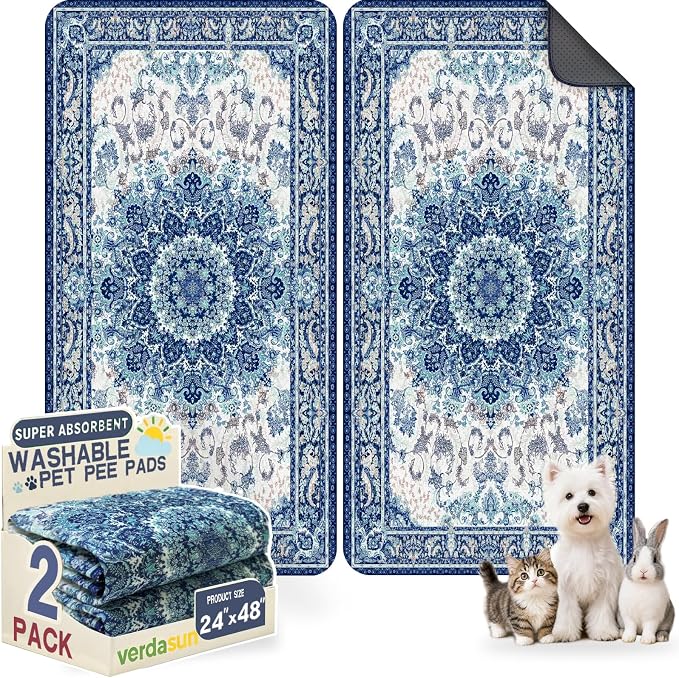 Washable Pee Pads for Dogs, Reusable Puppy Potty Training Pads, Ultra-Absorbent Thick Waterproof Leak-Proof Non-Slip Pads & Mat for Crate, Playpen, Floor, Whelping & Housebreaking , 2 Pack 24"x48"
