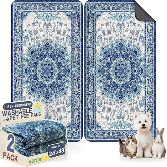 Washable Pee Pads for Dogs, Reusable Puppy Potty Training Pads, Ultra-Absorbent Thick Waterproof Leak-Proof Non-Slip Pads & Mat for Crate, Playpen, Floor, Whelping & Housebreaking , 2 Pack 24"x48"