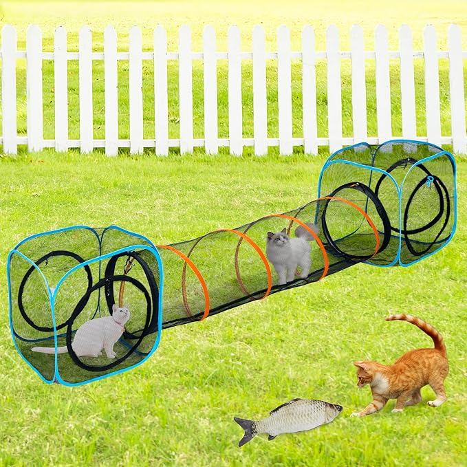Cat Play Tunnel + Cube(with Three Ways) for Indoor and Outdoor, Cat Playpen, Play Enclosures, Collapsible Cube, Tunnel, Easy to Connect with Tent 2 Cubes + Run Tunnel