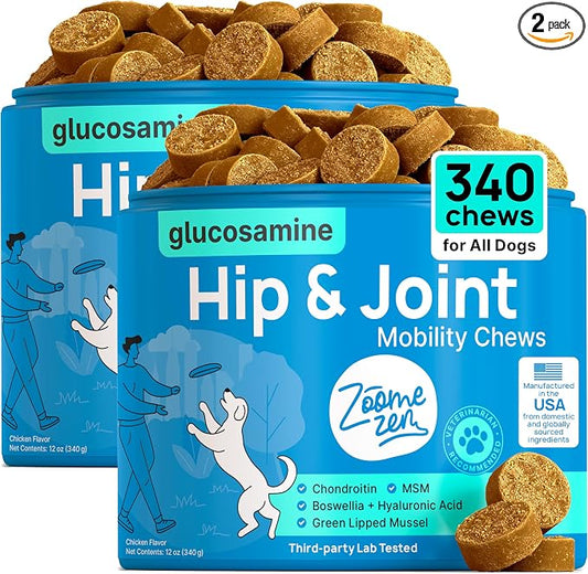 Hip and Joint Supplement for Dogs – Glucosamine for Dogs, Dog Joint Supplement, Mobility, Flexibility & Comfort, Chews with Glucosamine Chondroitin Msm & Omega3, 2 Pack,340 Chews,Made in USA