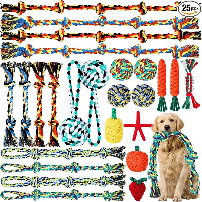 25 Pack Dog Rope Toys for Aggressive Chewers, Heavy Duty Teething Chew and Tug Toy Set for Medium and Large Dogs, Puppy Toys with Fun Fruit & Cartoon Shapes