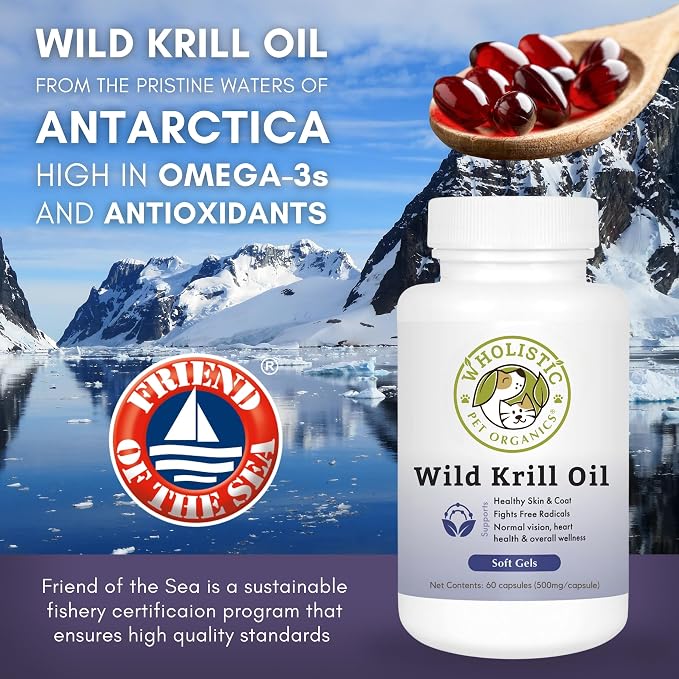 Wholistic Pet Organics Krill Oil for Dogs and Cats - Premium Antioxidant Support for Pets - Cat and Dog Skin and Coat Supplement with EPA, DHA, Astaxanthin - Omega 3 for Dogs and Cats - 60 Soft Gels