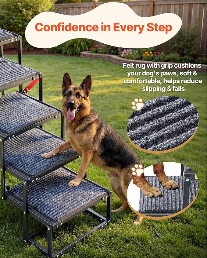 VEVOR Dog Stairs for Car, 5 Steps Extra Wide Foldable Dog Ramp for Large Dogs with Non-Slip Rug Surface, Portable Lightweight Pet Ladder for Car, SUV, Truck, High Beds, Sofas, Support up to 200 lbs