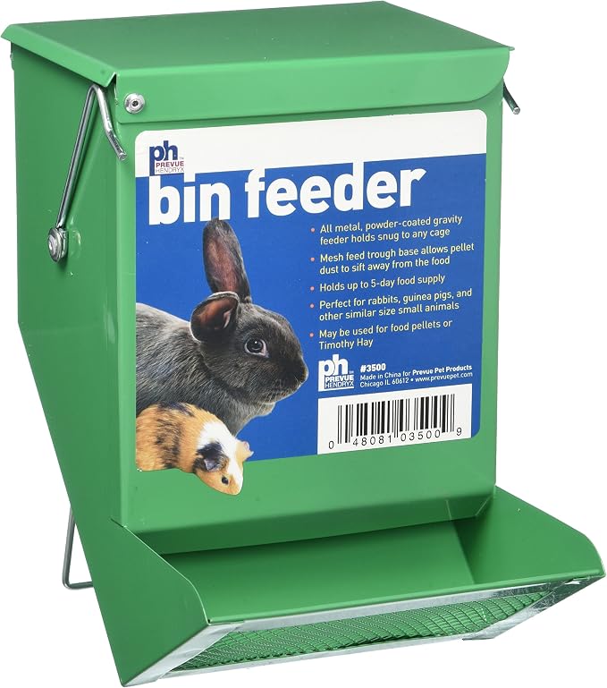 Prevue Pet Products Green Metal Small Animal Bin Feeder - Gravity Feed Trough Holds 5-Day Food Supply for Rabbit, Guinea Pig & Similar Pets, Mesh Dust-Reducing Cage Feeder - Green