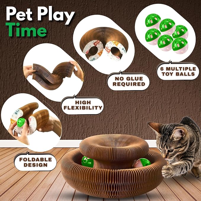 Kitty Kurlz Cat Scratcher Toy - Reversible Magic Organ Foldable Accordion Honeycomb Cardboard Scratching Board with Bell Ball, Interactive Anxiety Relief Exercise Toy for Indoor Cats (3PCS)