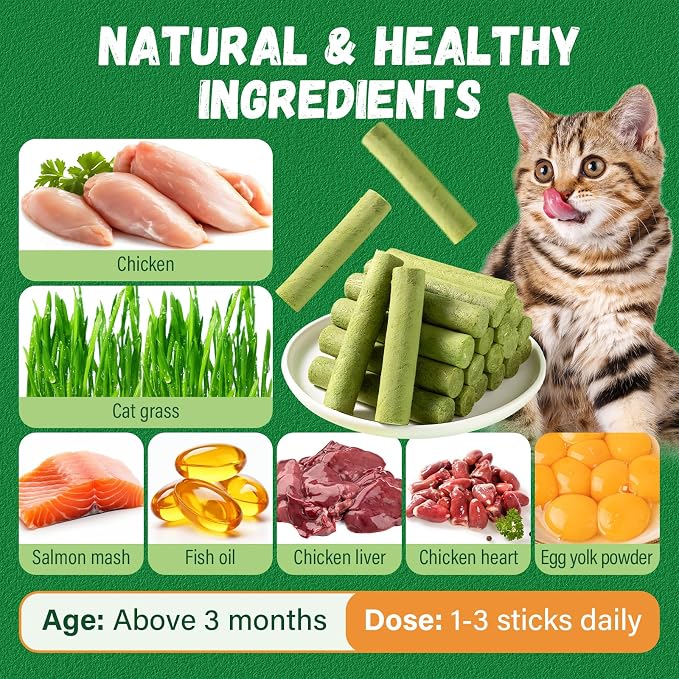Cat Grass Teething Stick, 100g / 3.52oz Natural Cat Grass Treats for Indoor Cats, Cat Chew Stick for Hairball Cleaning, Appetite Boosting & Dental Health, Edible Cat Toys