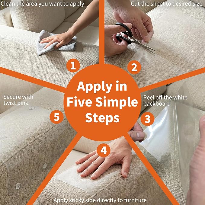 12 Pack Cat Scratch Furniture Protector, Clear Sofa Protector with No Odor, Child & Pet Friendly, Single-Sided Couch Protector from Cats Claws with No-Residue for Sofa, Door & Bed, 50 Twist Pins