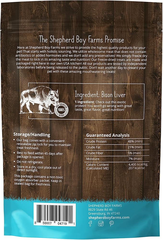 Shepherd Boy Farms Freeze Dried Dog and Cat Treats, Bison Liver, All Natural Freeze-Dried Dog Treat & Snacks, Made in USA, High in Protein, Essential Nutrition of Raw Food, 3oz
