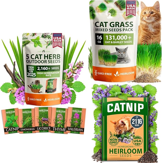 Cat Grass & Catnip Garden Kit – 1 lb Non-GMO USA Wheatgrass + 2,160 Cat Plant Seeds Mix (Catnip, Lemongrass, Licorice, Thyme, Valerian) + 2,116 Catnip Seeds – Pet-Friendly Indoor Garden for Cats