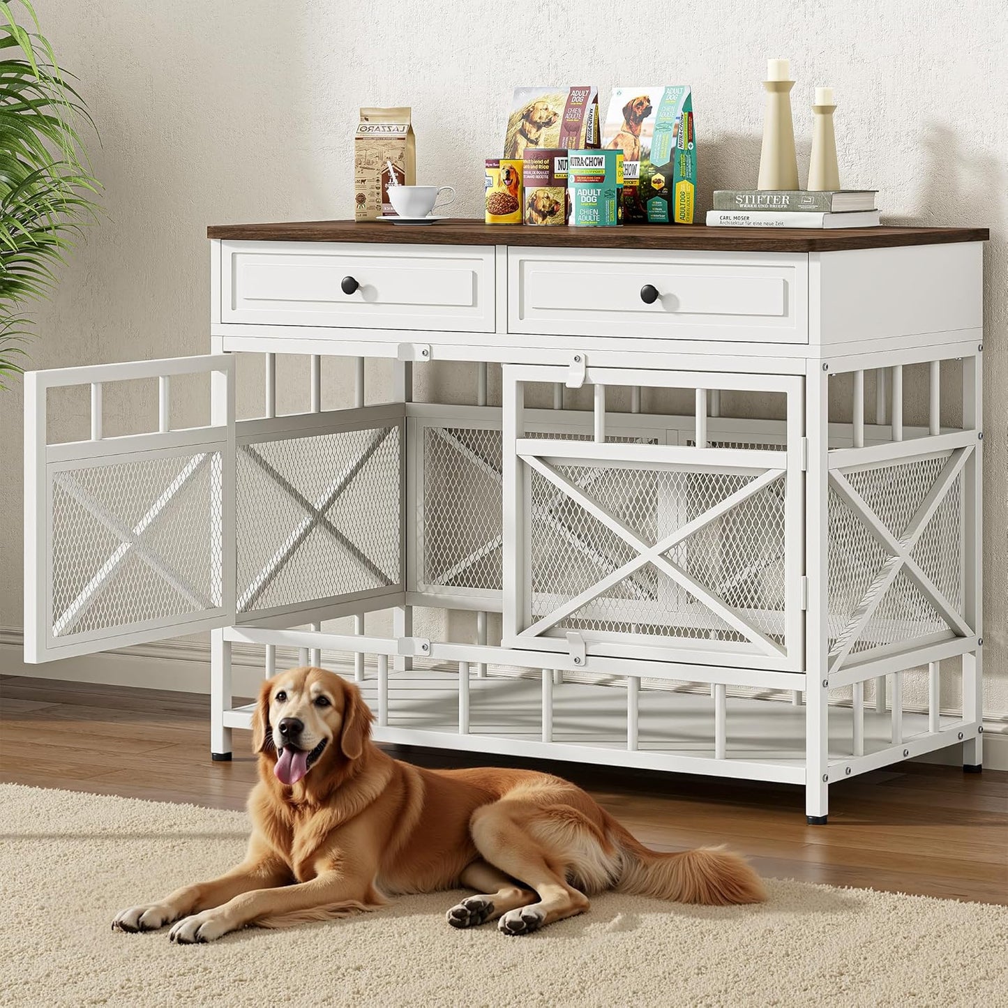 IRONCK 44 inch Large Dog Crate Furniture, Wooden Dog Kennel with Storage Drawers for Medium/Large Dogs, Decorative Dogs Kennel Indoor, White and Walnut