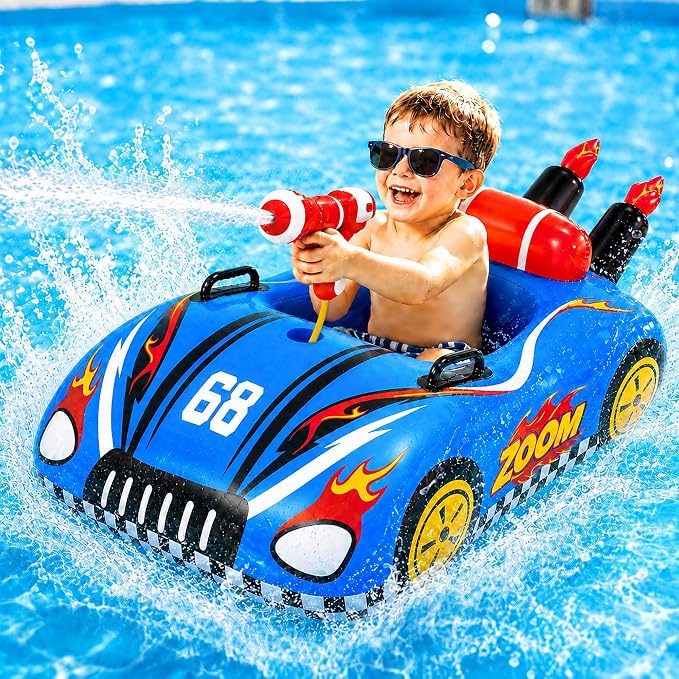 Inflatable Pool Floats for Kids with Water Gun, Race Car Toddler Pool Float for Boys, Ride-on Pool Toy with Built-in Squirt Gun Unlimited Ammo,CPC Certified Summer Outdoor Water Toys Ages 3-8