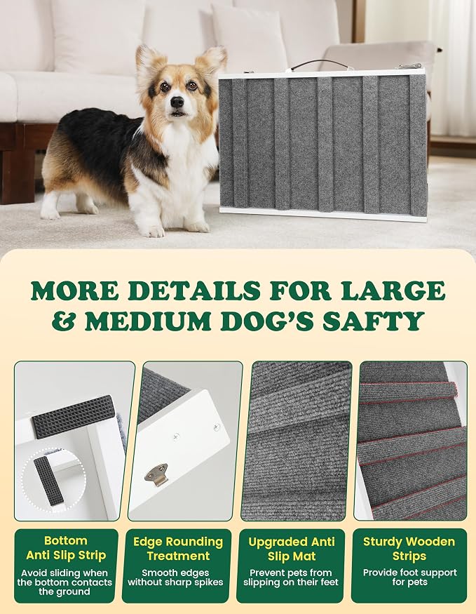 Dog Ramp Dog Stairs for Large Dogs Foldable Dog Ramp with 5 Adjustable Heights from 13.98'' to 27.56" Wood Pet Ramp with Non Slip Carpet Portable Puppy Ramp for Couch, Sofa, Bed, Car (White)