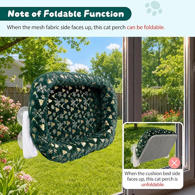 L&W BROS. 2-Pack Foldable Cat Window Perches with Christmas Cushion Bed Easy to Assemble Cats Hammock for Window, Warm Indoor Cat Beds for Large Cats, Edition(L Green)