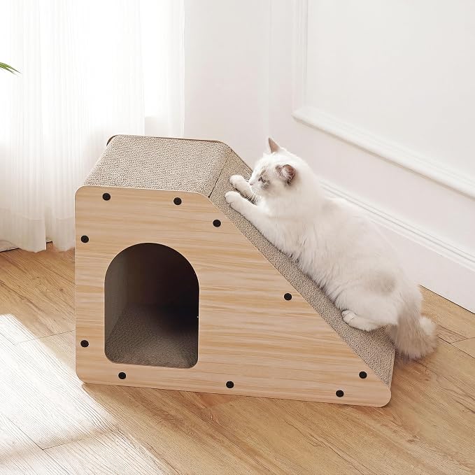 Kento 23.63" Modern Cardboard Cat Cave Scratcher with Catnip, Angled Trapezoid Hideaway House and Scratching Lounge for Indoor Cats, Oak Wood Finish CSR1008I
