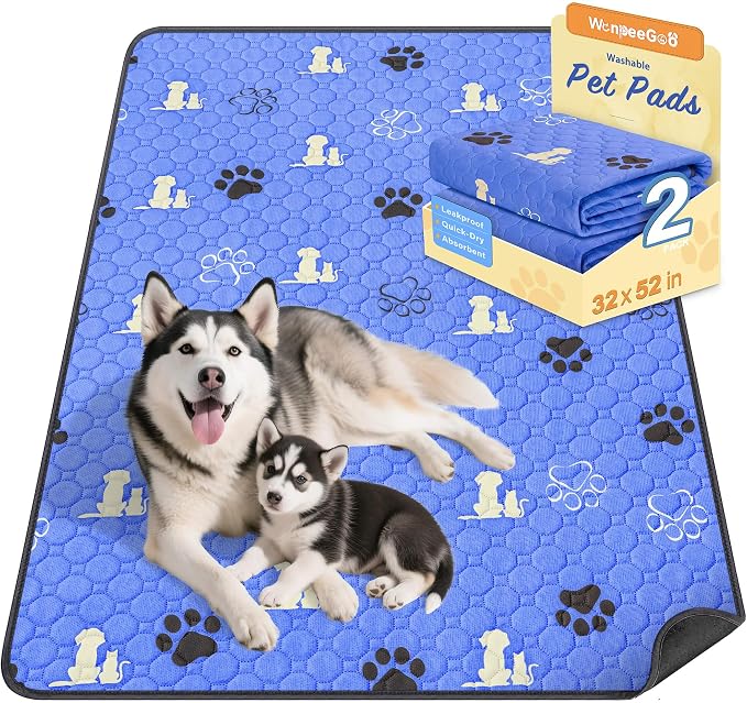 WanpeeGoo Washable Pee Pads for Dogs Mat, 2 Pack Absorbent Reusable Training Dog Pads Pet Puppy Pads, Non-Slip Potty Pads for Whelping, Playpen, Crate, Bed, Blue 32"x52"