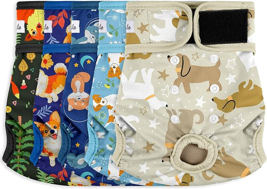 Washable Female Dog Diapers (5 Pack) - Doggie Reusable Small Medium Large Dog Diapers for Doggy Puppy Female in Period - Highly Absorbent Dog Heat Panties,S Plus,Cute Dog Pattern