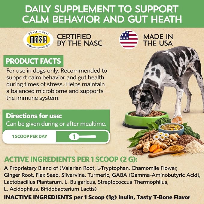 Fidobiotics Relaxin’ Rover Calming Supplement, Probiotics for Dogs with Valerian, Chamomile & GABA for Stress & Anxiety Relief, Tasty T-Bone Flavor 20 Servings