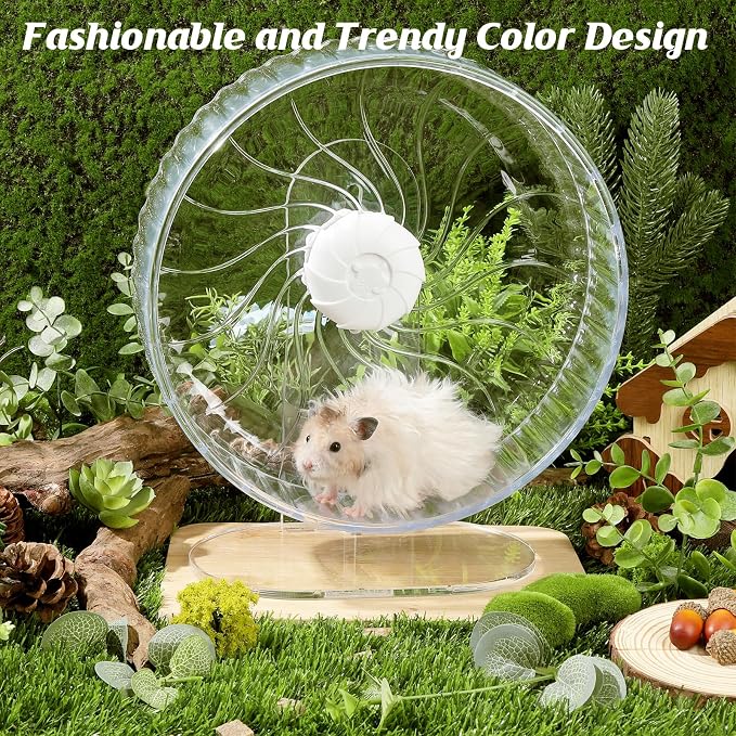 Silent Exercise Wheel with Adjustable Stand for Hamsters, Gerbils, Mice & Small Pets + Free Cleaning Cloth - 8.3" Diameter Running Wheel, Easy Clean, Anti-Slip Track (Transparent)