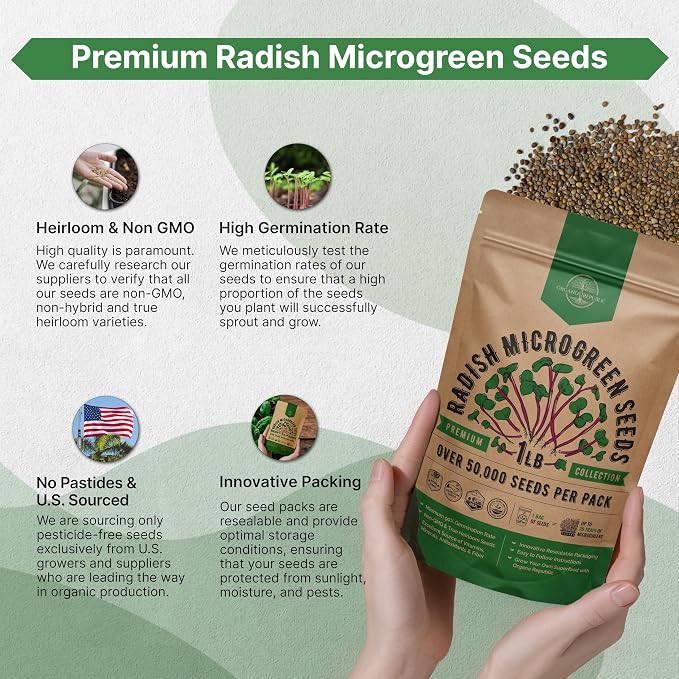 Organo Republic Radish Sprouting & Microgreens Seeds - Non-GMO, Heirloom Sprout Seeds Kit, 1lb Resealable Bag for & Growing Microgreens in Soil, Coconut Coir, Aerogarden & Hydroponic System.